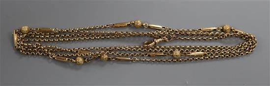 An Edwardian 9ct yellow metal guard chain with sphere and bar spacers, 17 grams